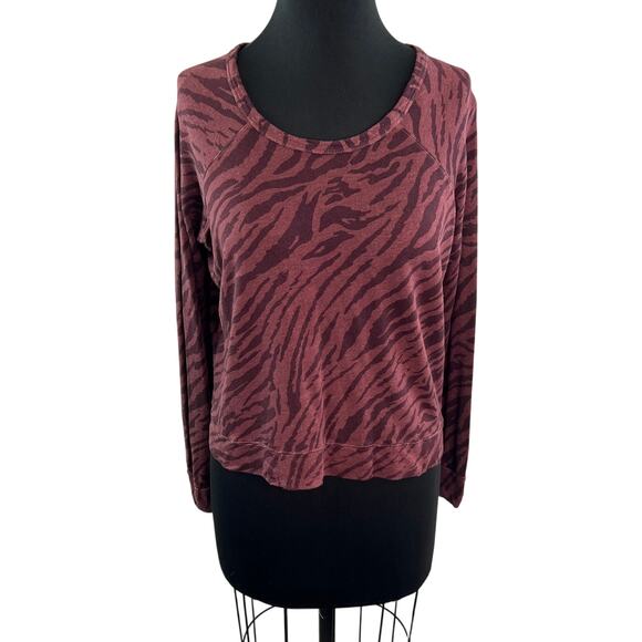SUNDRY Burgundy Zebra Print Long Sleeve Cropped Sweatshirt Round Neck Top Sz 1 - Picture 1 of 8